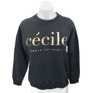 Etre Cecile Black Gold Metallic Logo Long Sleeve Pullover Sweatshirt Top Size M